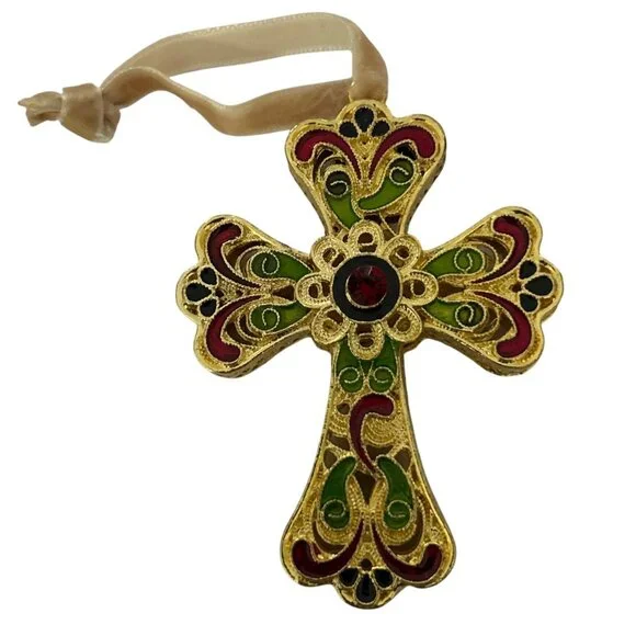 Pier 1 Imports Cloisonné Gold Tone Decorative Cross Ornament With Ribbon Hanger - Picture 3 of 8